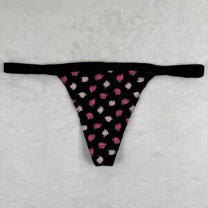 Victorias Secret Womens V-String Thong Panty Black Pink Rose Floral Logo Large